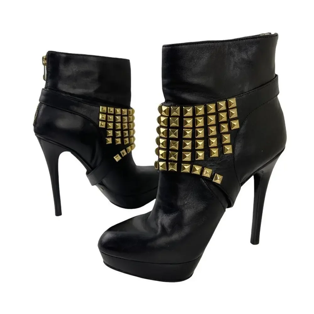Michael Kors Rock and Roll Black Leather Gold Studs Harness Booties Boots 7M